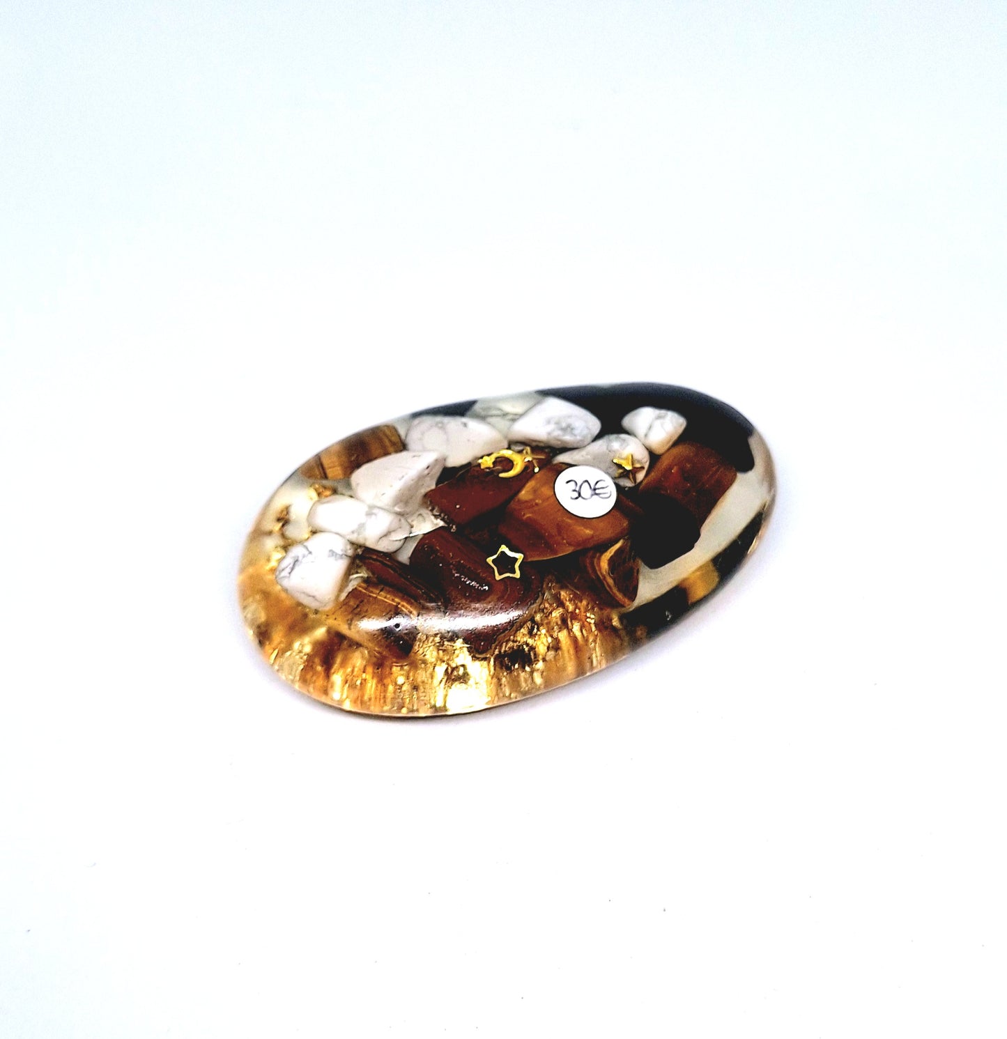 Orgonite galet Ćil de tigre, obsidienne et howlite-or đ€đ€đ€