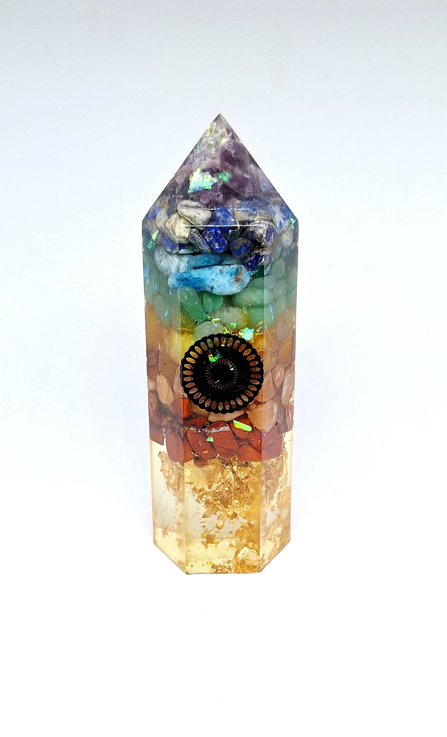 Orgonite de rééquilibrage global obélisque L, mandala, or