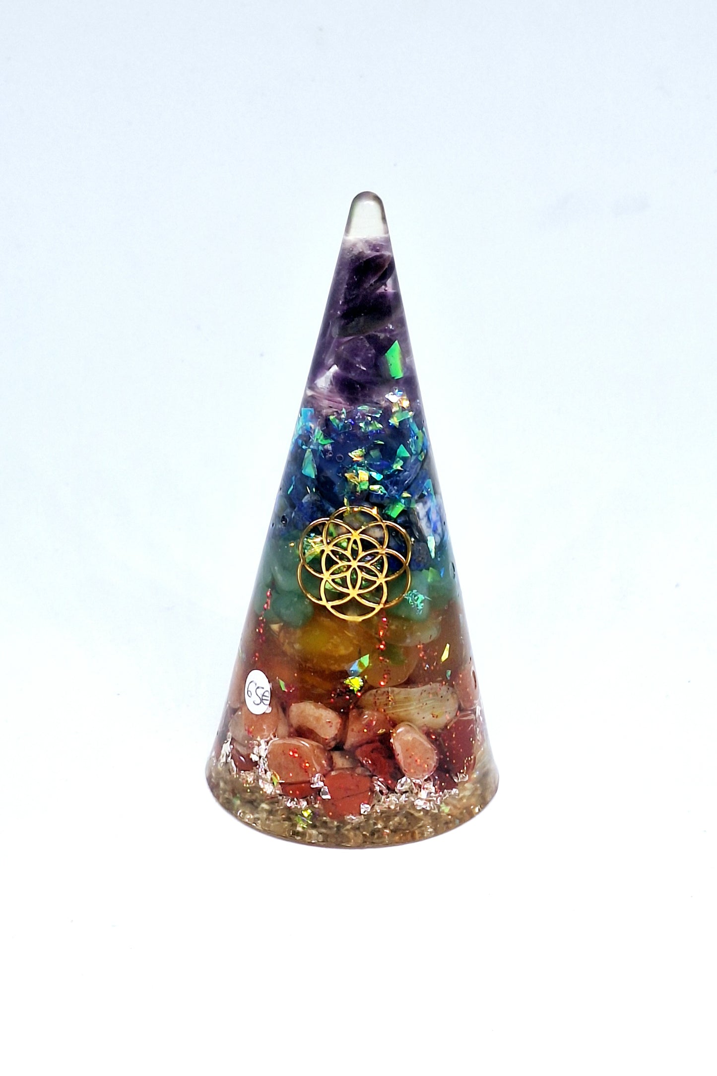 Orgonite de rééquilibrage global et d'harmonisation des chakras - Cône XL, graine de vie, aluminium