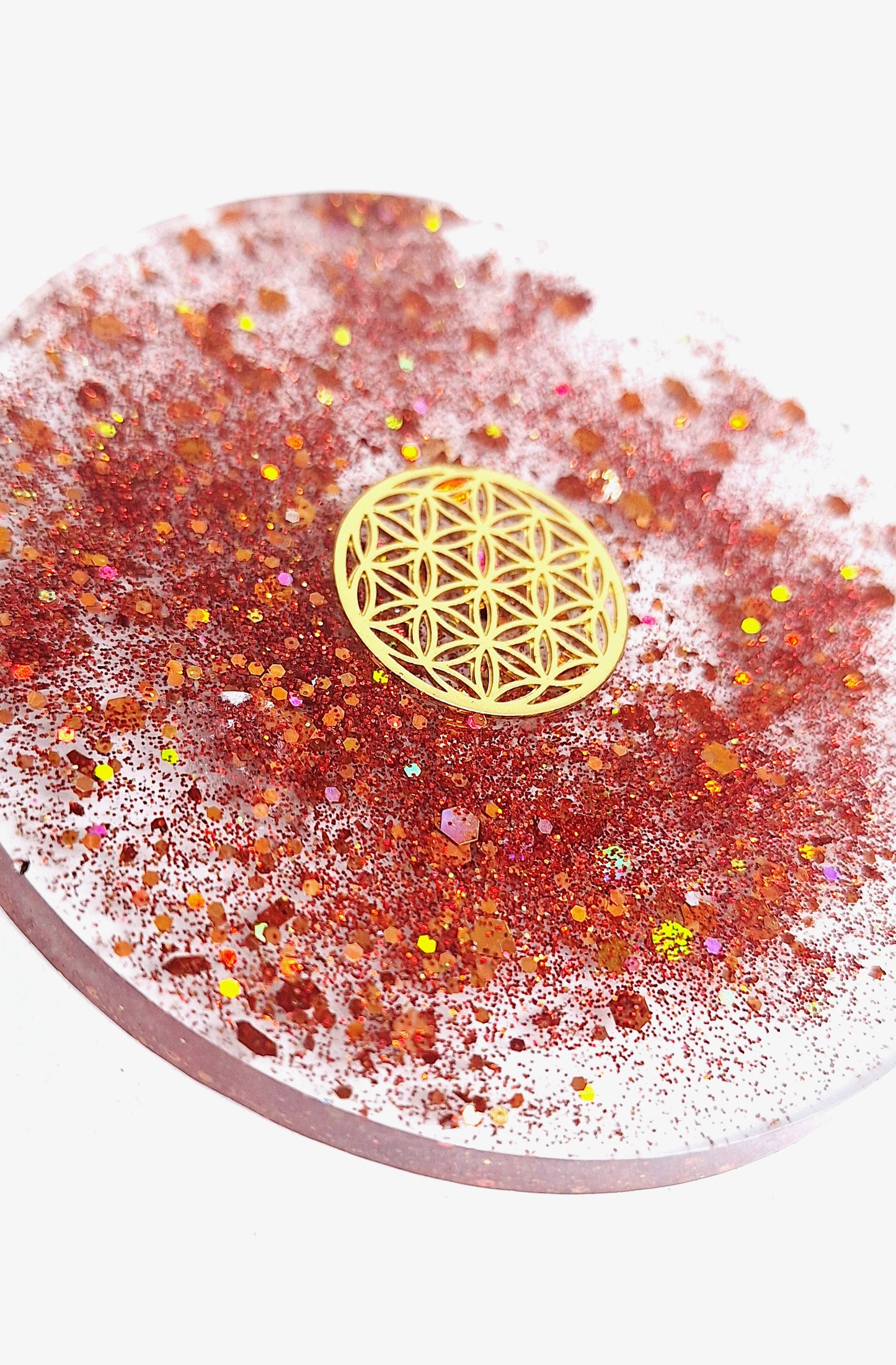 Plaque de rechargement ronde - Fleur de vie - Rouge orangé et doré