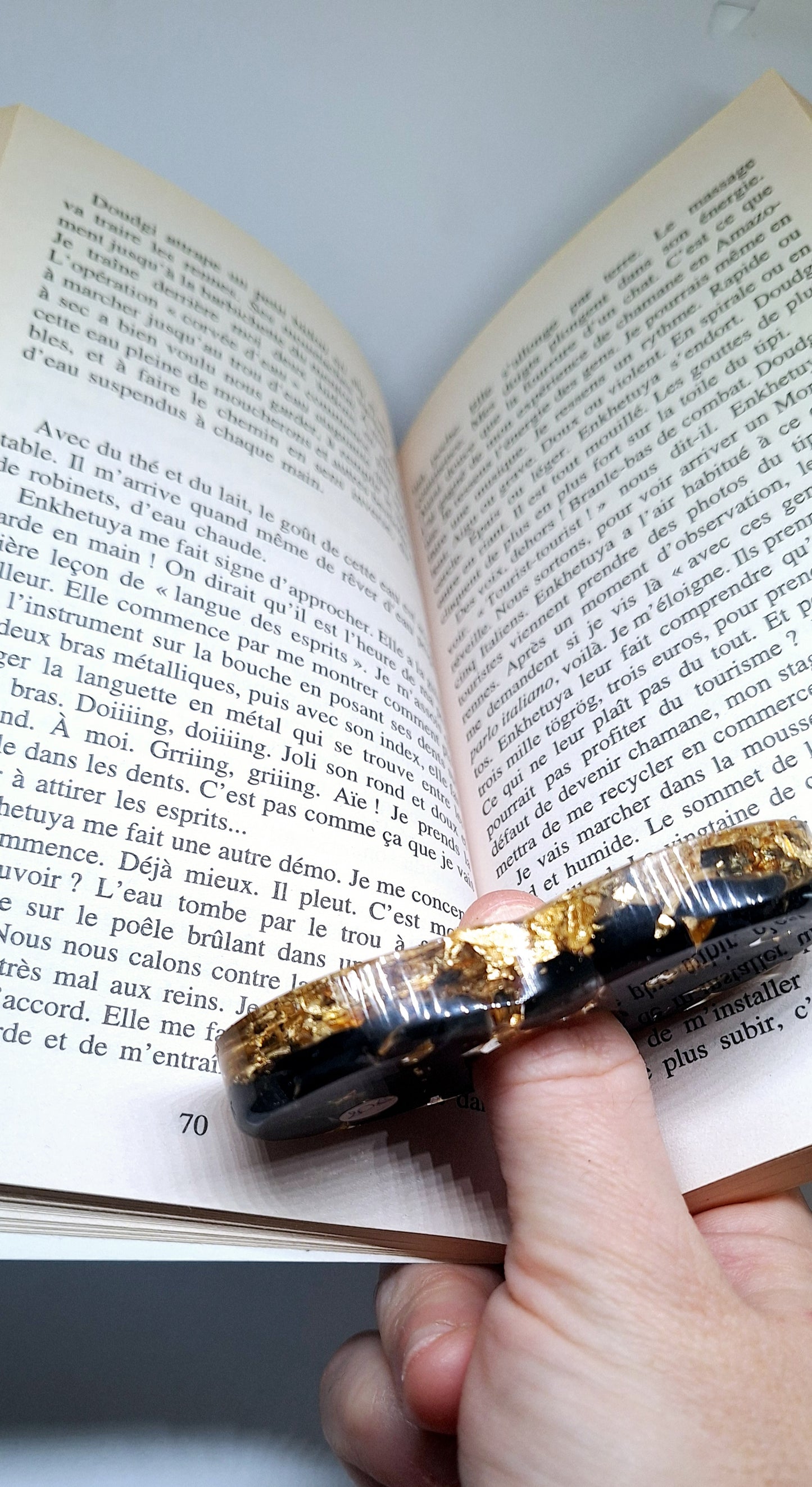 Bague de lecture orgonite Cœur - Obsidienne, lune et étoile, or