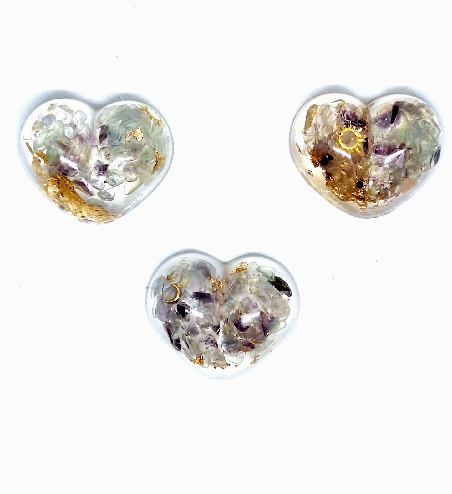 Orgonite Cœur S - Fluorite, or, lune ou soleil 💜💚