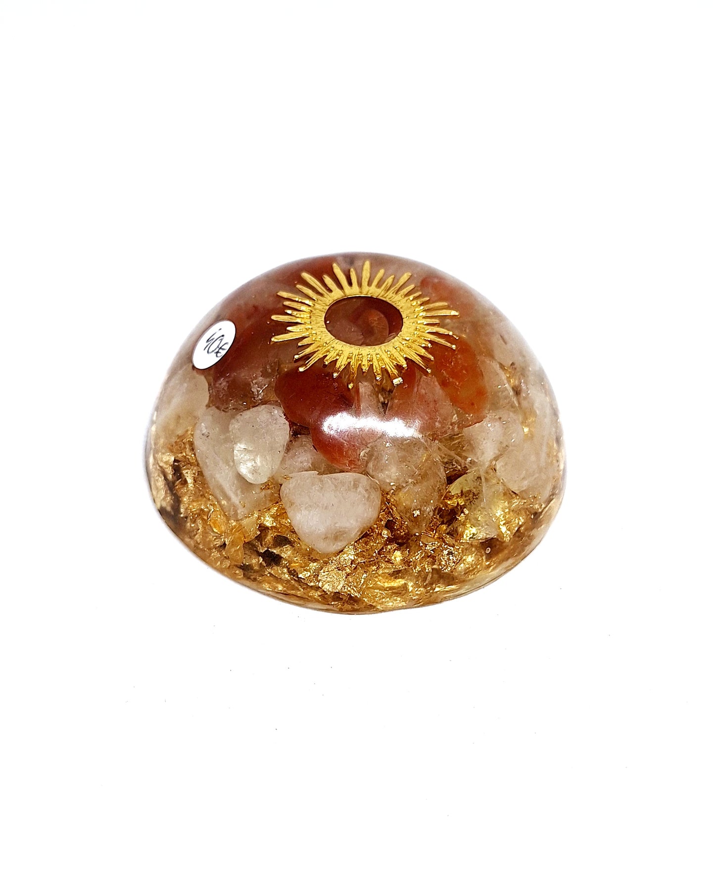 Orgonite dôme - Quartz rouge et hematoïde, soleil, or