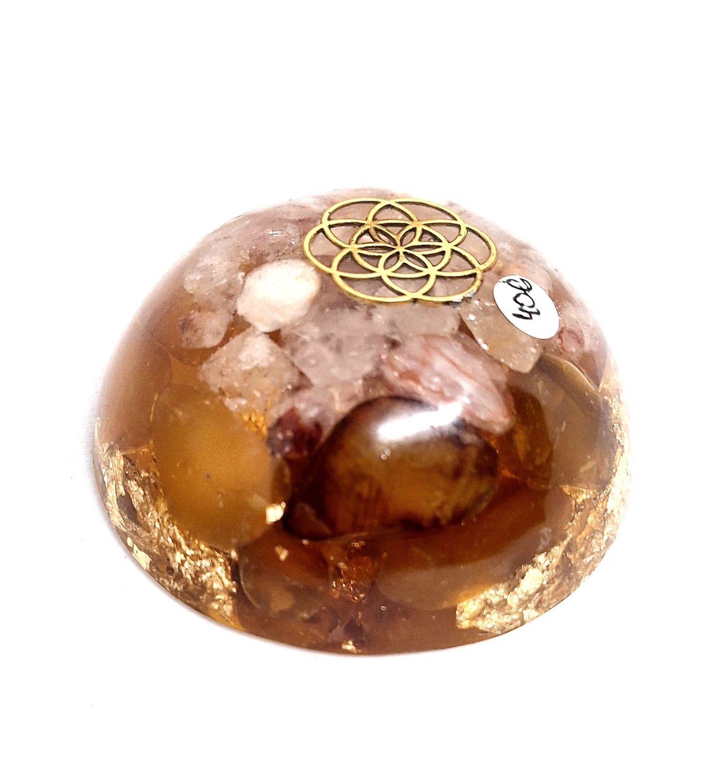 Orgonite dôme - Quartz hematoïde et agate jaune, graine de vie, or