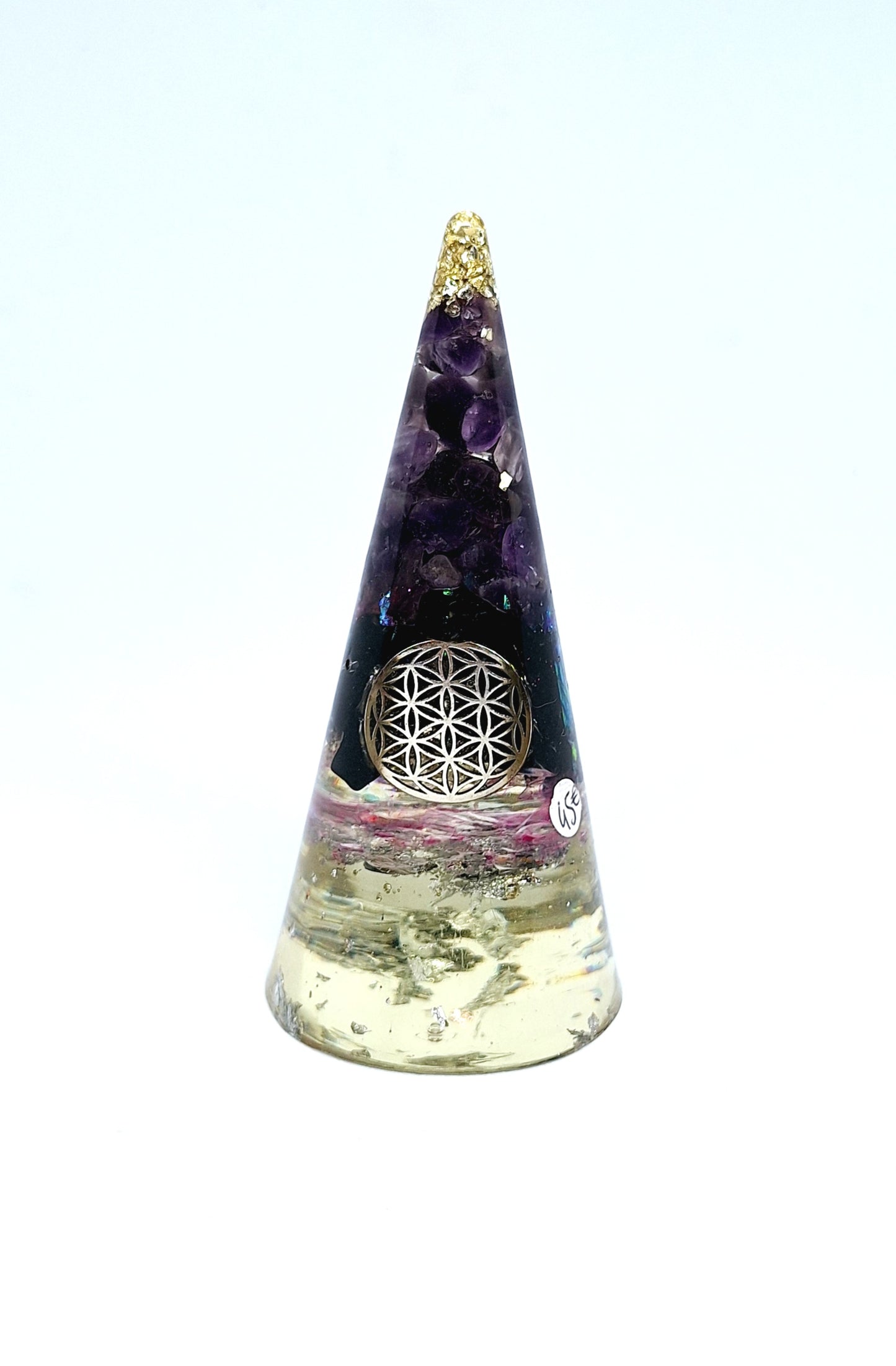 Orgonite cône XL - Améthyste, Obsidienne, fleur de vie et aluminium