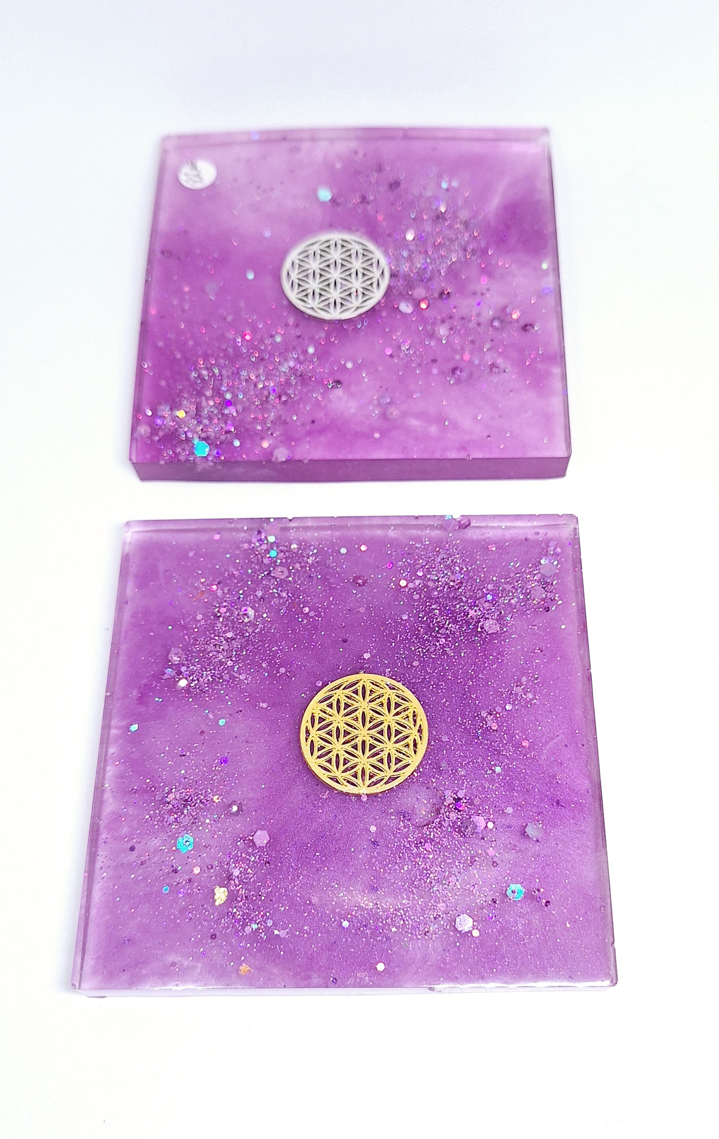 Plaque de rechargement carrée - Fleur de vie - Violet doré ou argenté