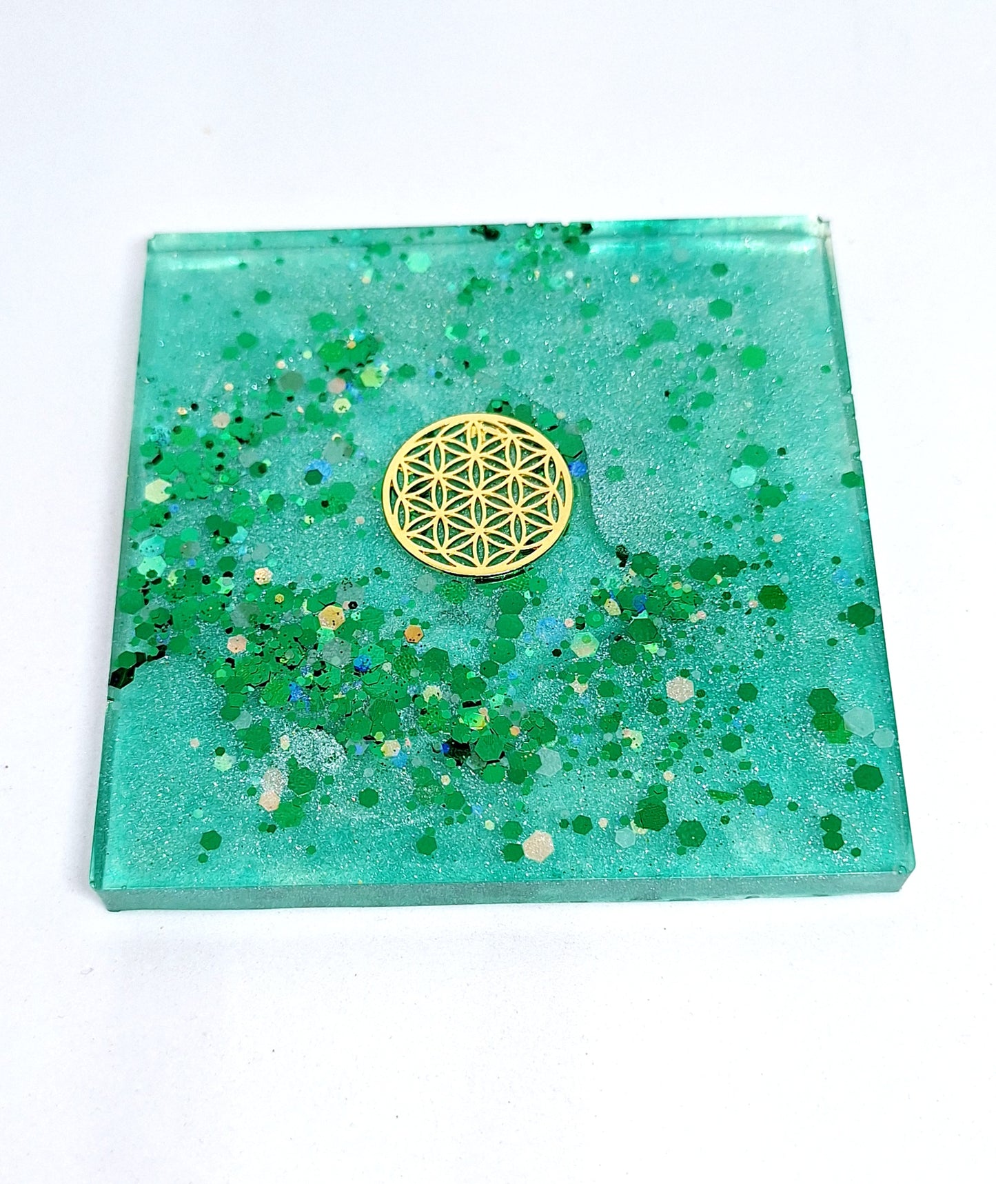Plaque de rechargement carrée - Fleur de vie - Vert doré