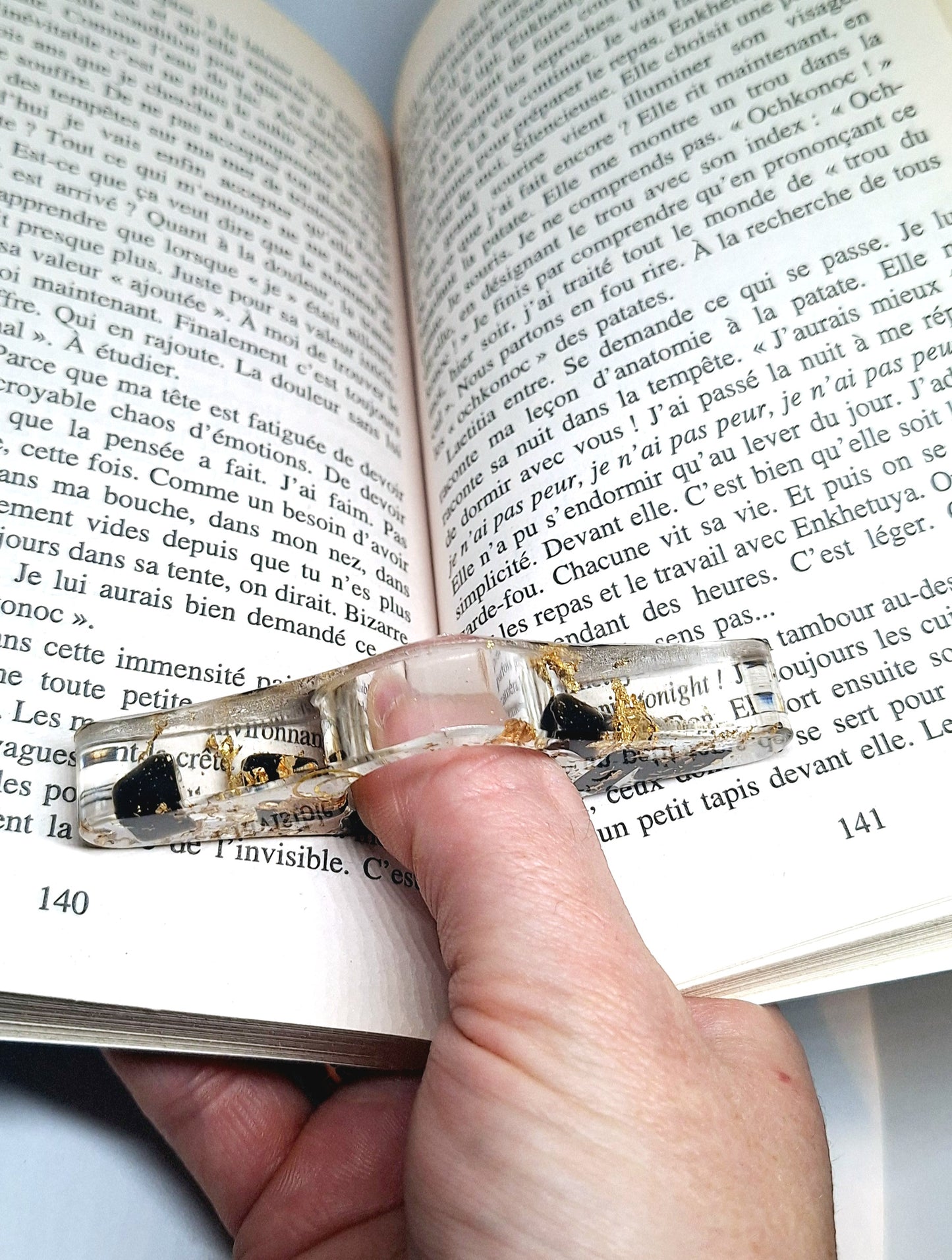 Bague de lecture orgonite - Obsidienne, soleil ou lune, or