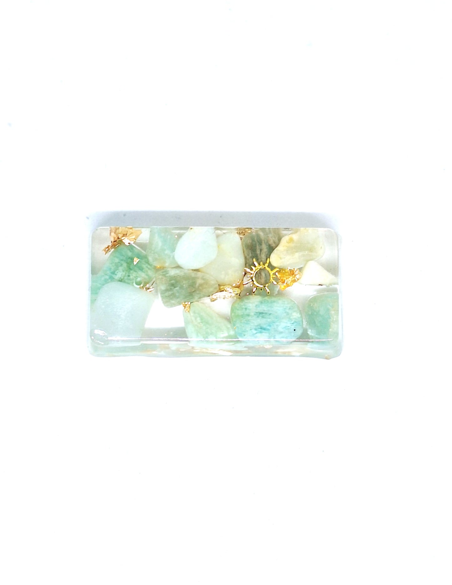 Orgonite lingot - Amazonite, soleil, lune, infini ou étoile, or