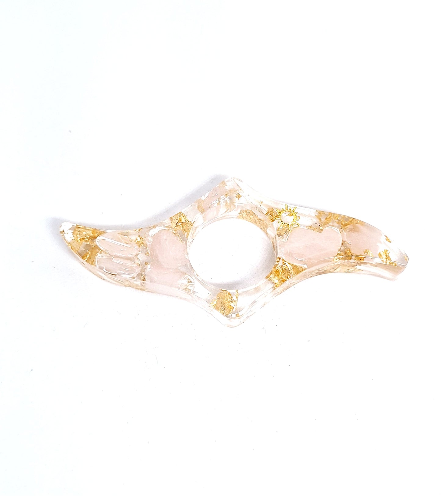 Bague de lecture orgonite - Quartz rose, soleil ou lune, or