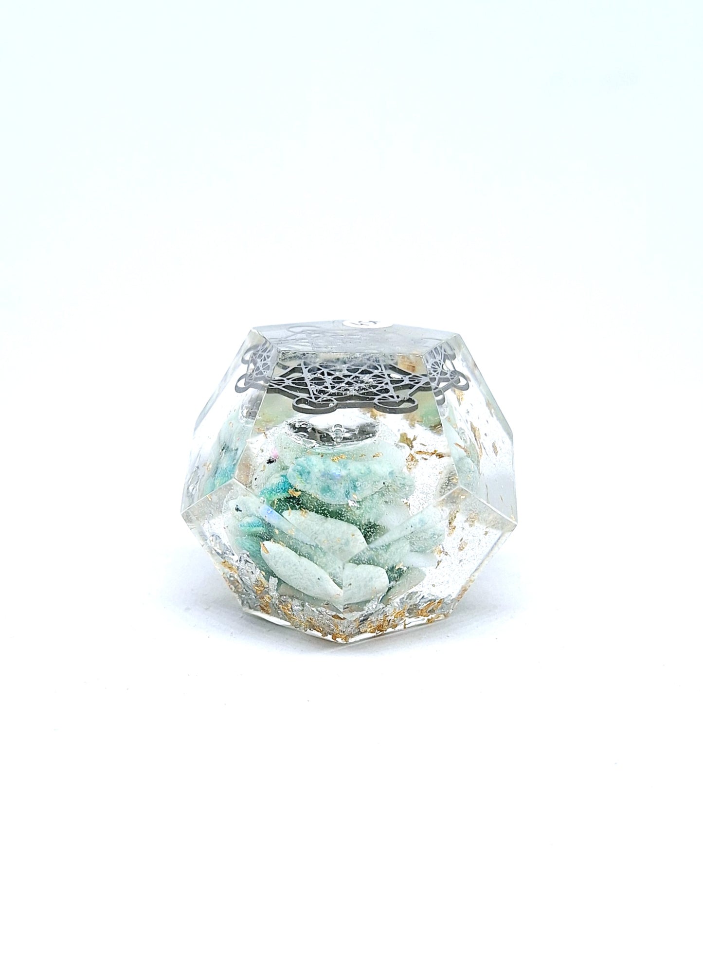 Orgonite Dodécaèdre Amazonite, Métatron, or et aluminium M