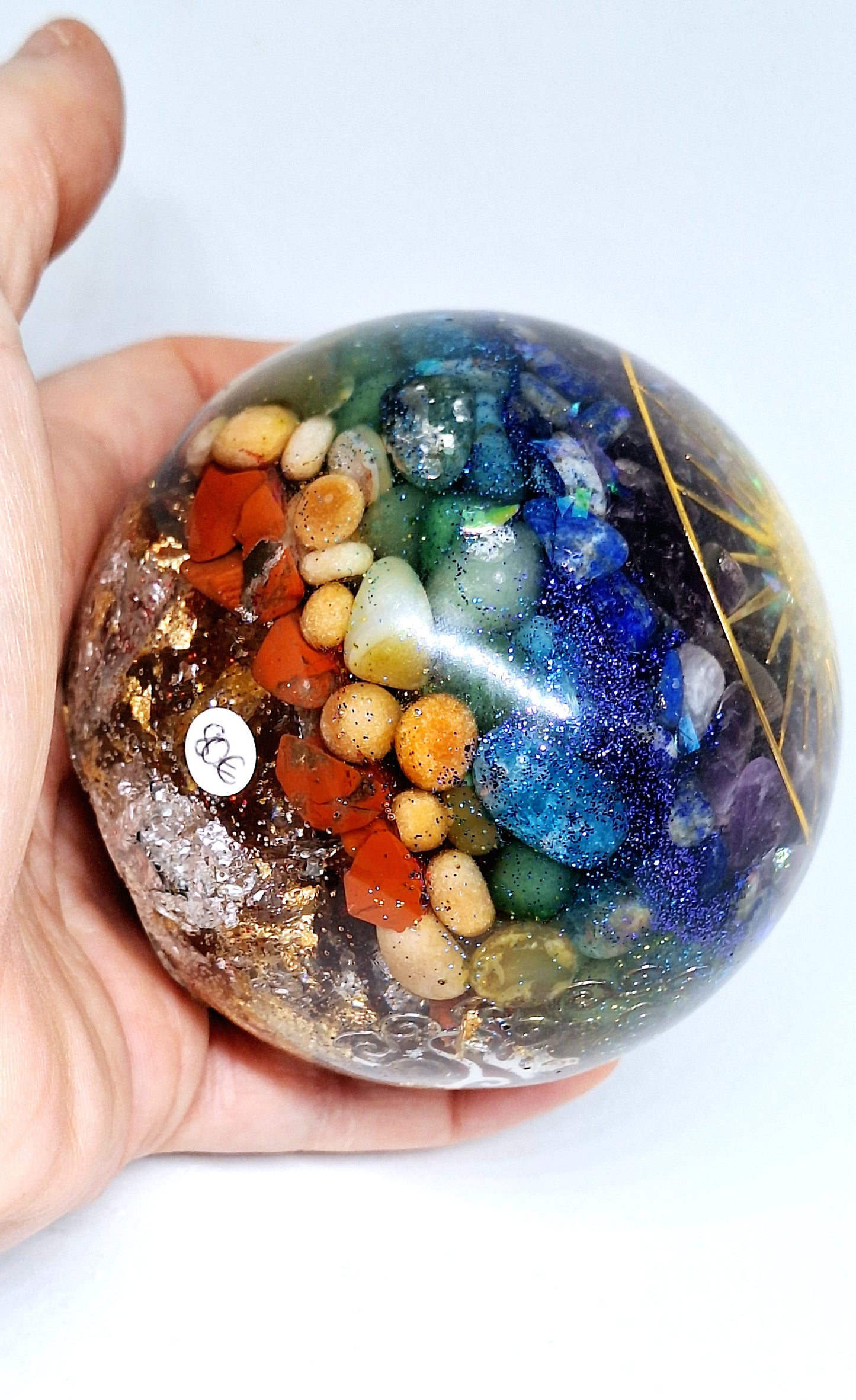 Orgonite Sphère de rééquilibrage global et d'harmonisation des chakras XL - Soleil, arbre de vie, or et aluminium