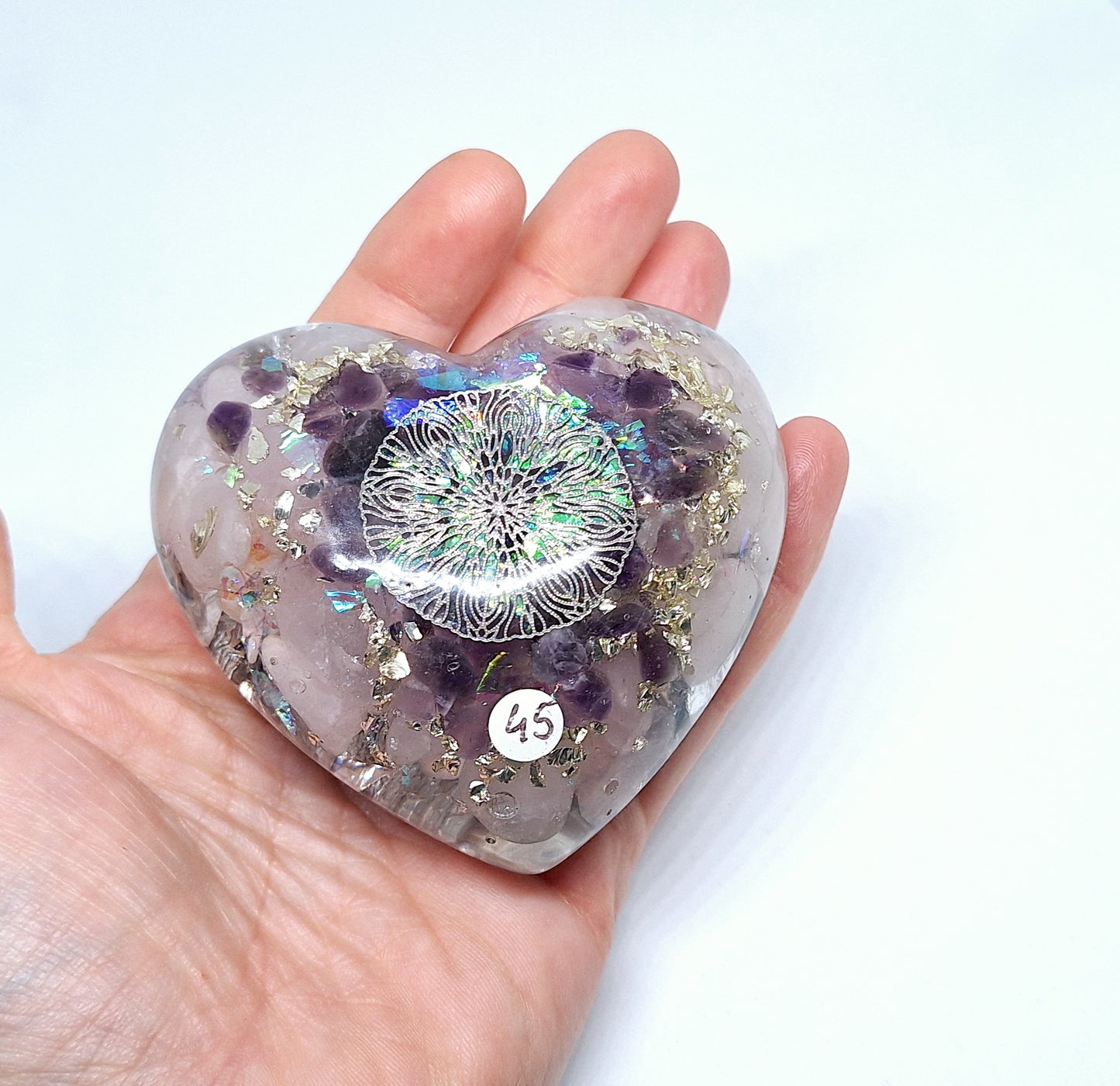 Orgonite Cœur XL - Améthyste et quartz rose, aluminium, mandala 💜🩷