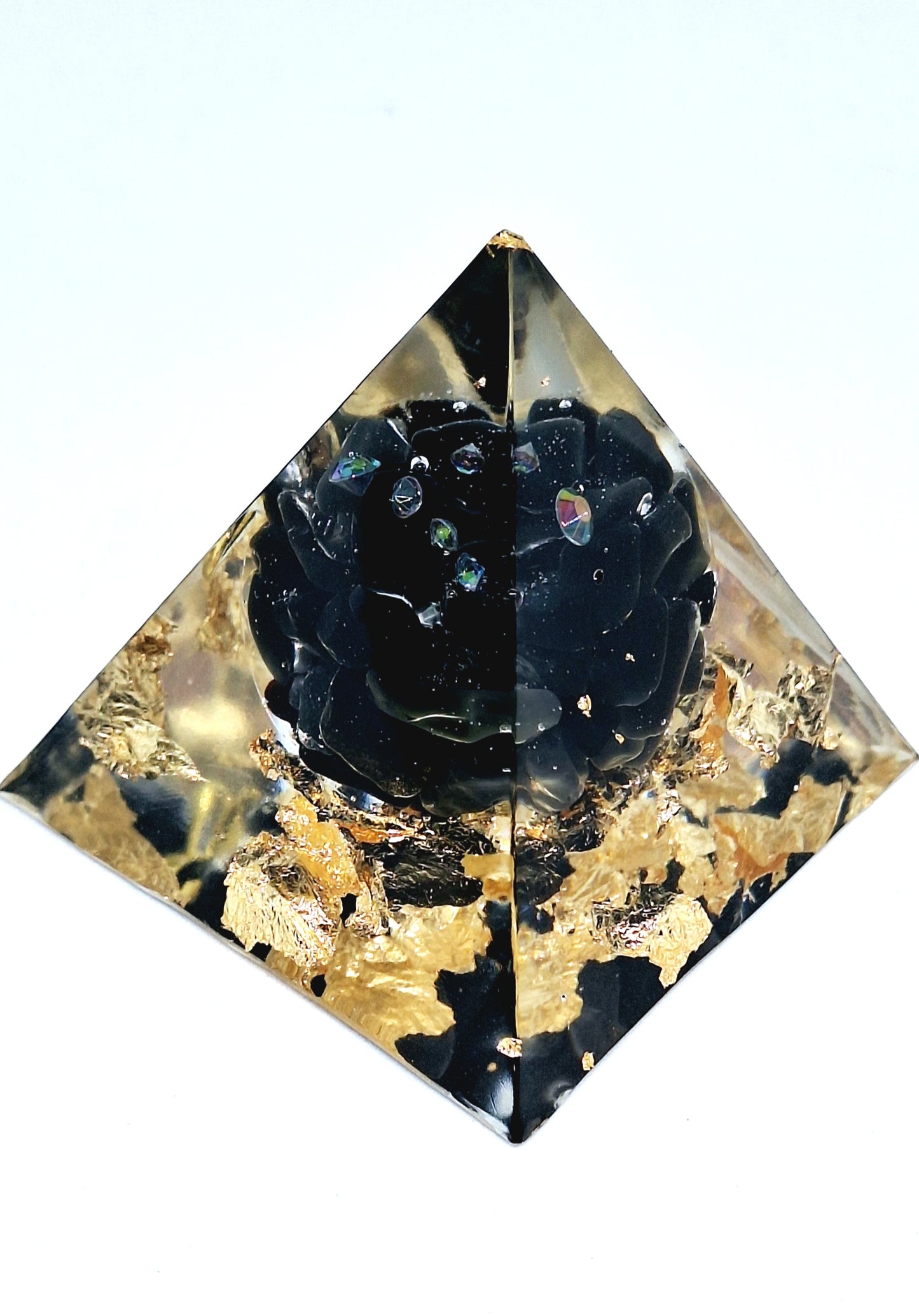 Orgonite pyramide L - Obsidienne, or, infini đź–¤