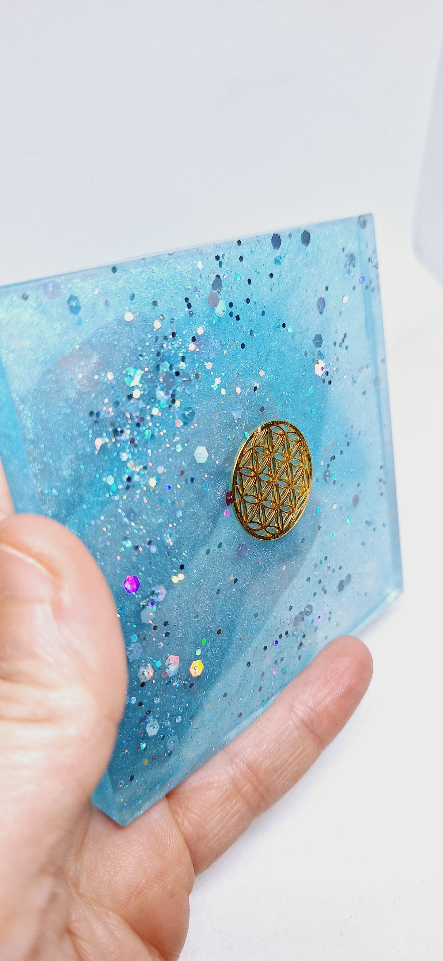 Plaque de rechargement carrée - Fleur de vie - Bleu clair doré ou argenté