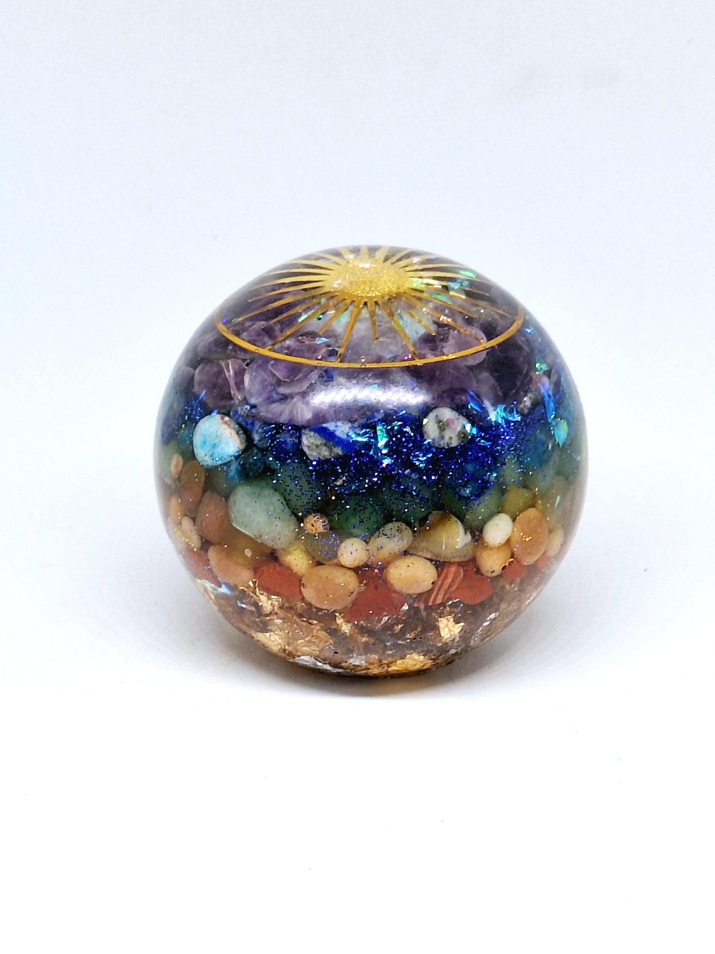 Orgonite Sphère de rééquilibrage global et d'harmonisation des chakras XL - Soleil, arbre de vie, or et aluminium