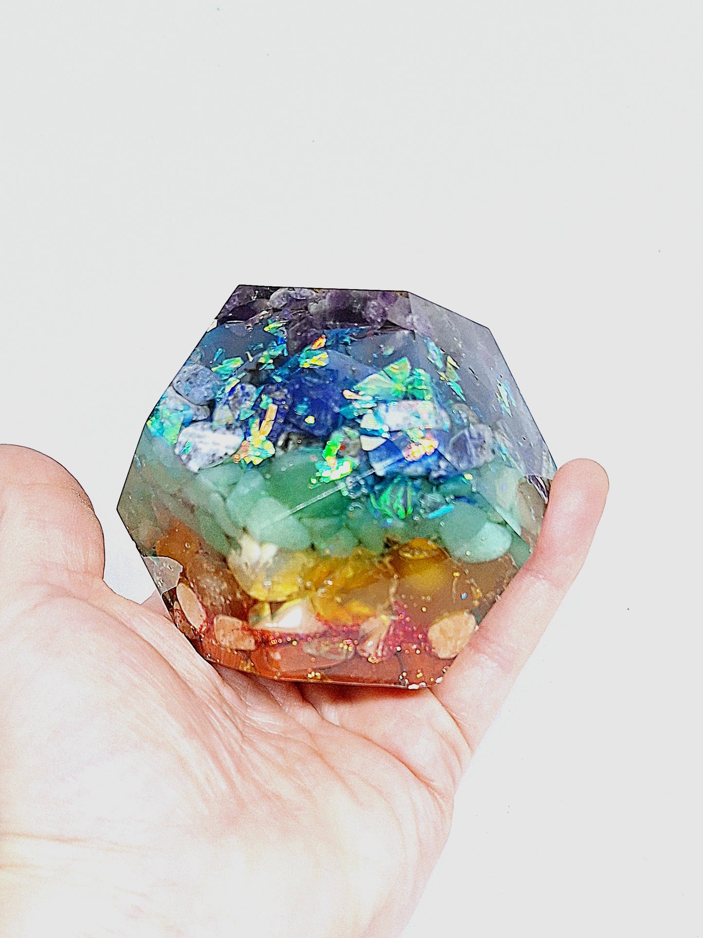 Orgonite Dodécagone de rééquilibrage global et d'harmonisation des chakras XL - Soleil et aluminium doré