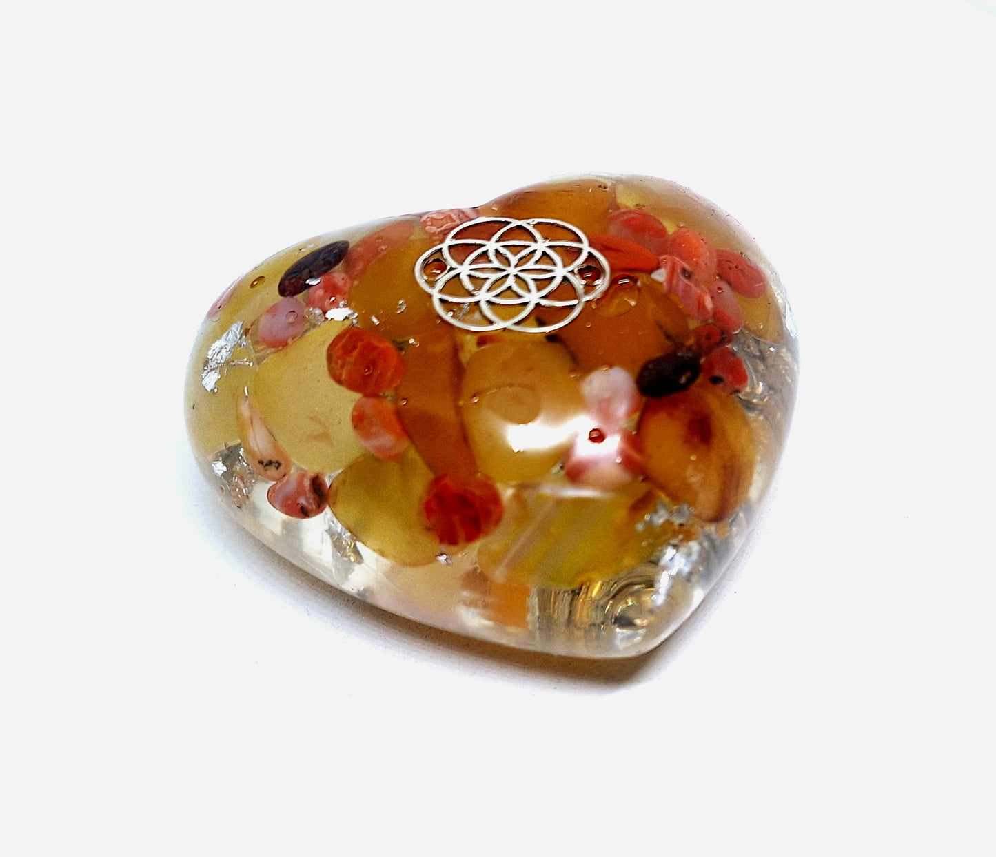 Orgonite Cœur XL - Agate jaune et jaspe rouge, aluminium, graine de vie 💛❤️