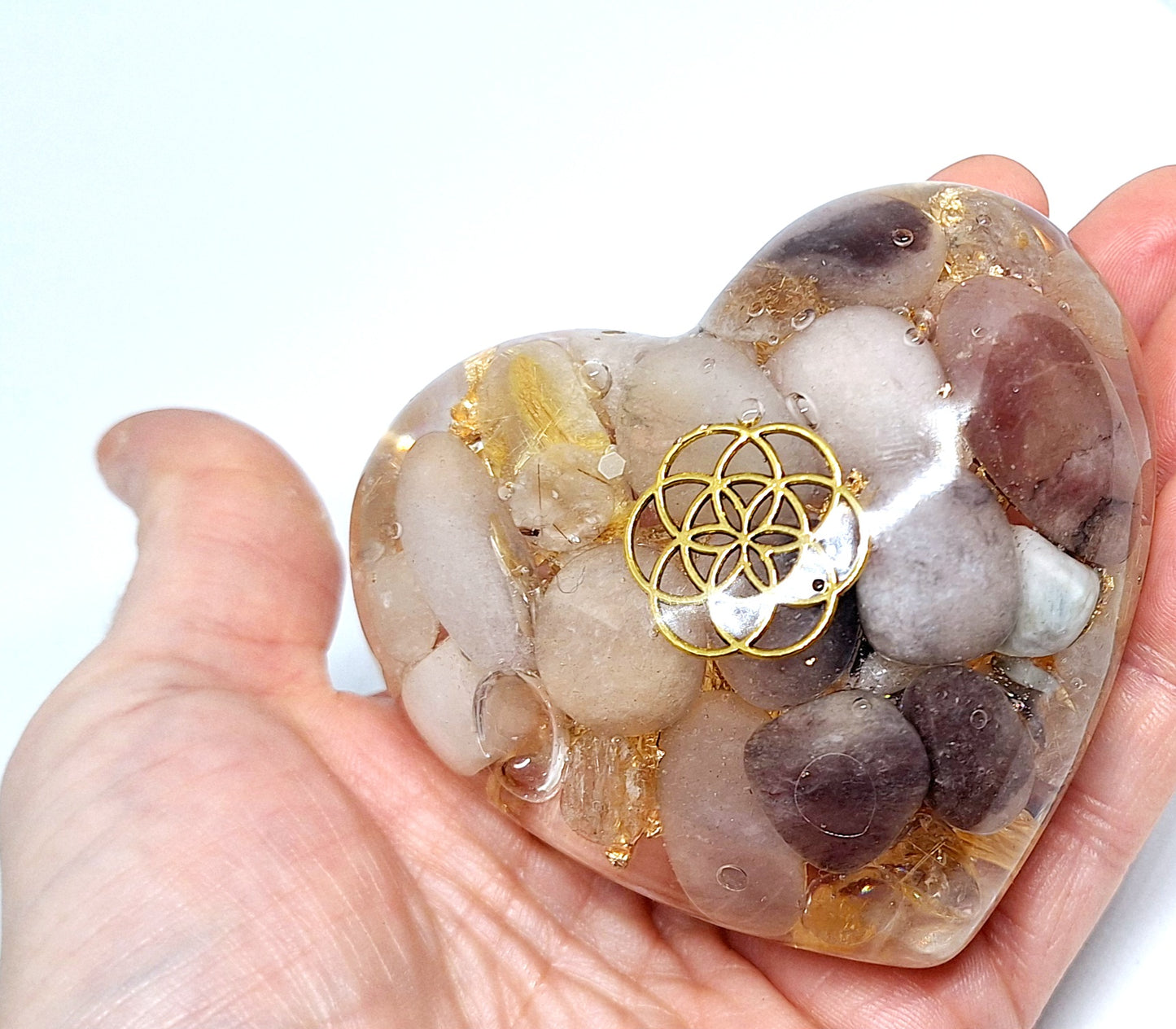 Orgonite CĆur XL - Jade jinsi, or, graine de vie đ€đ€