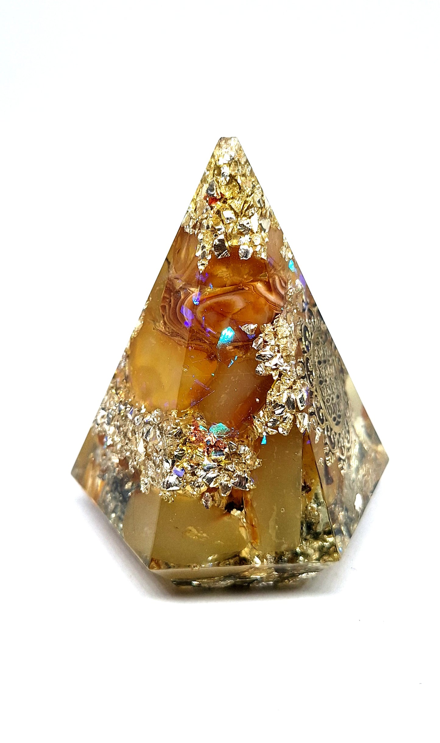 Orgonite - Pyramide pentagonale L, fleur de vie, agate jaune, aluminium