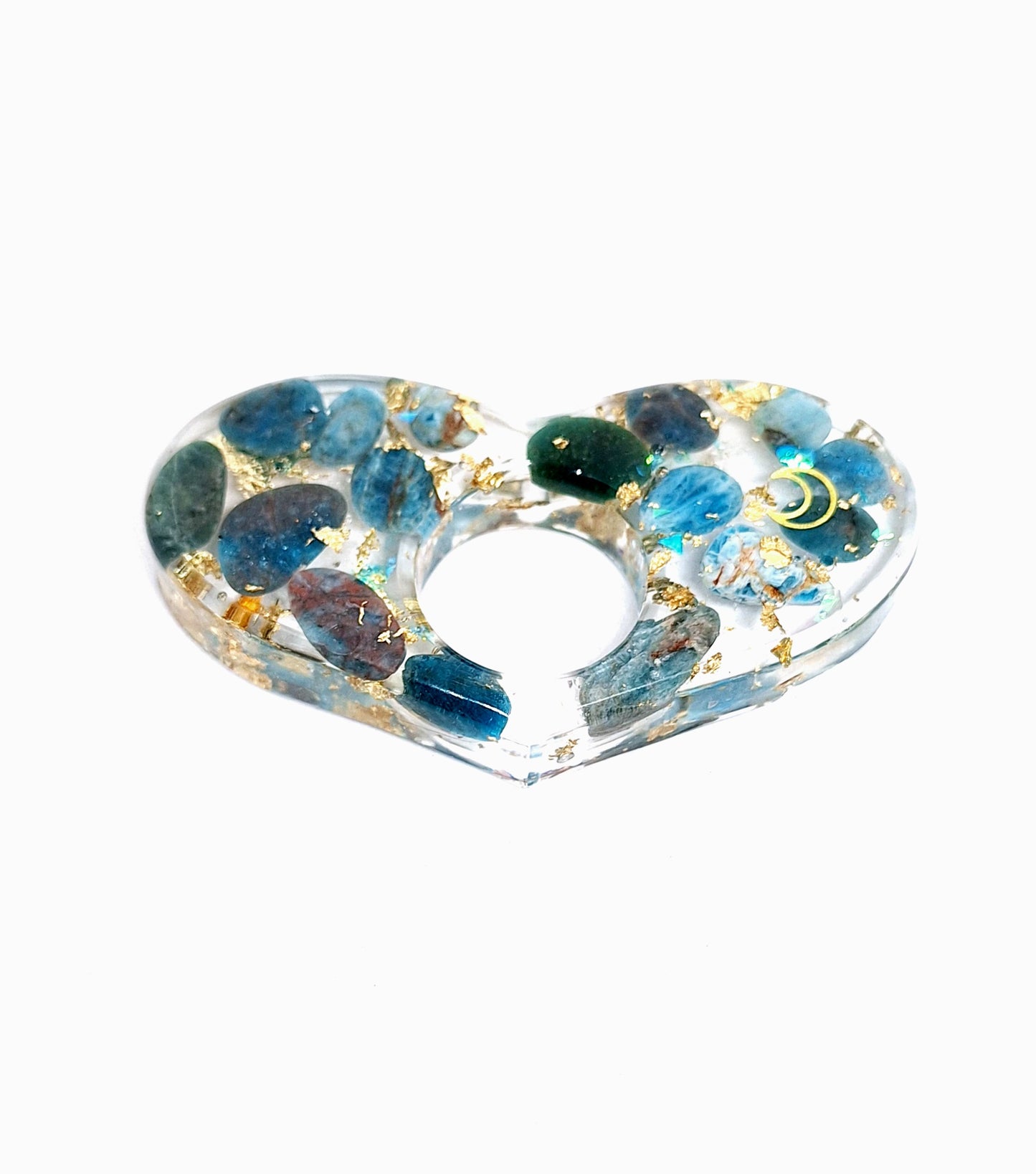 Bague de lecture orgonite Cœur - Apatite, soleil ou lune, or