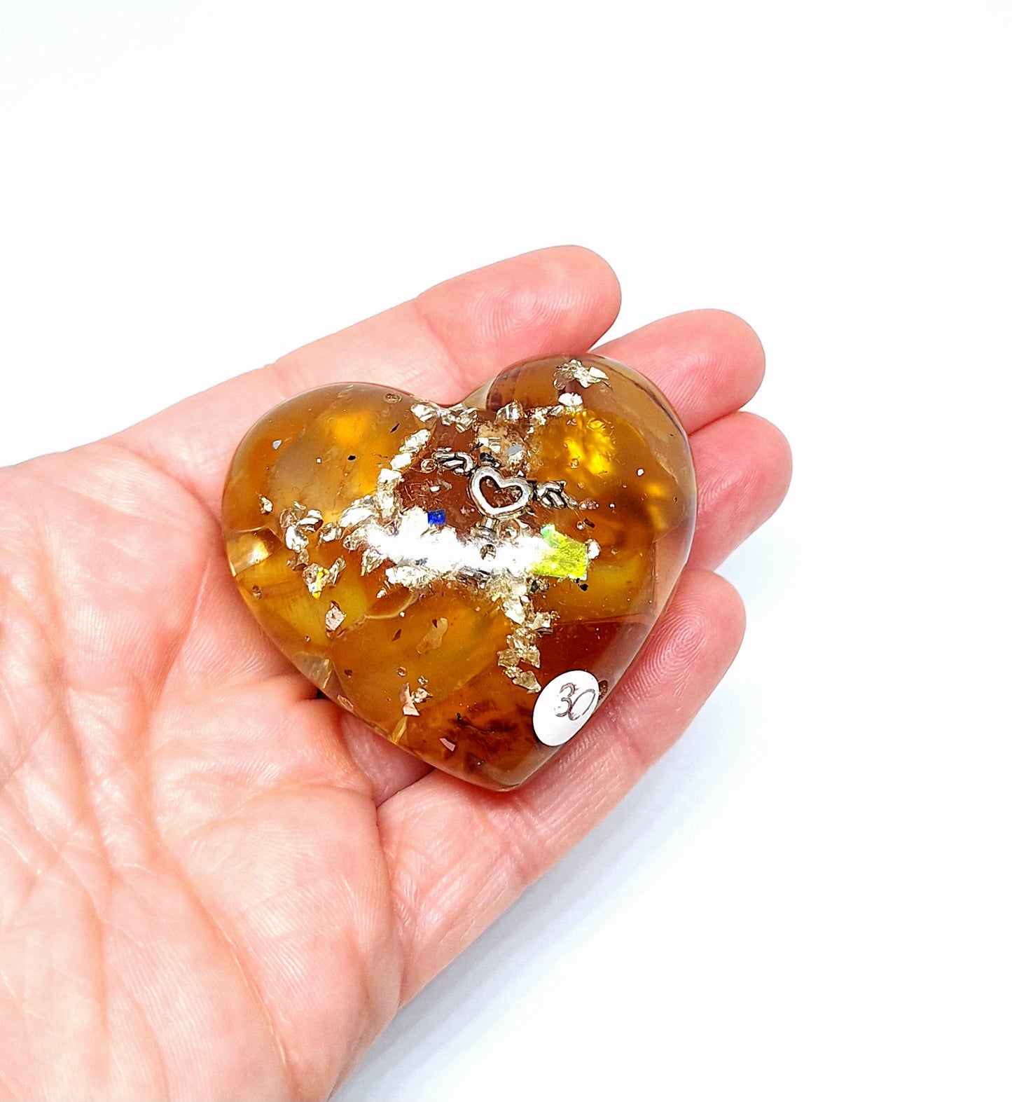 Orgonite Cœur M - Agate jaune, aluminium, clé cœur ailée