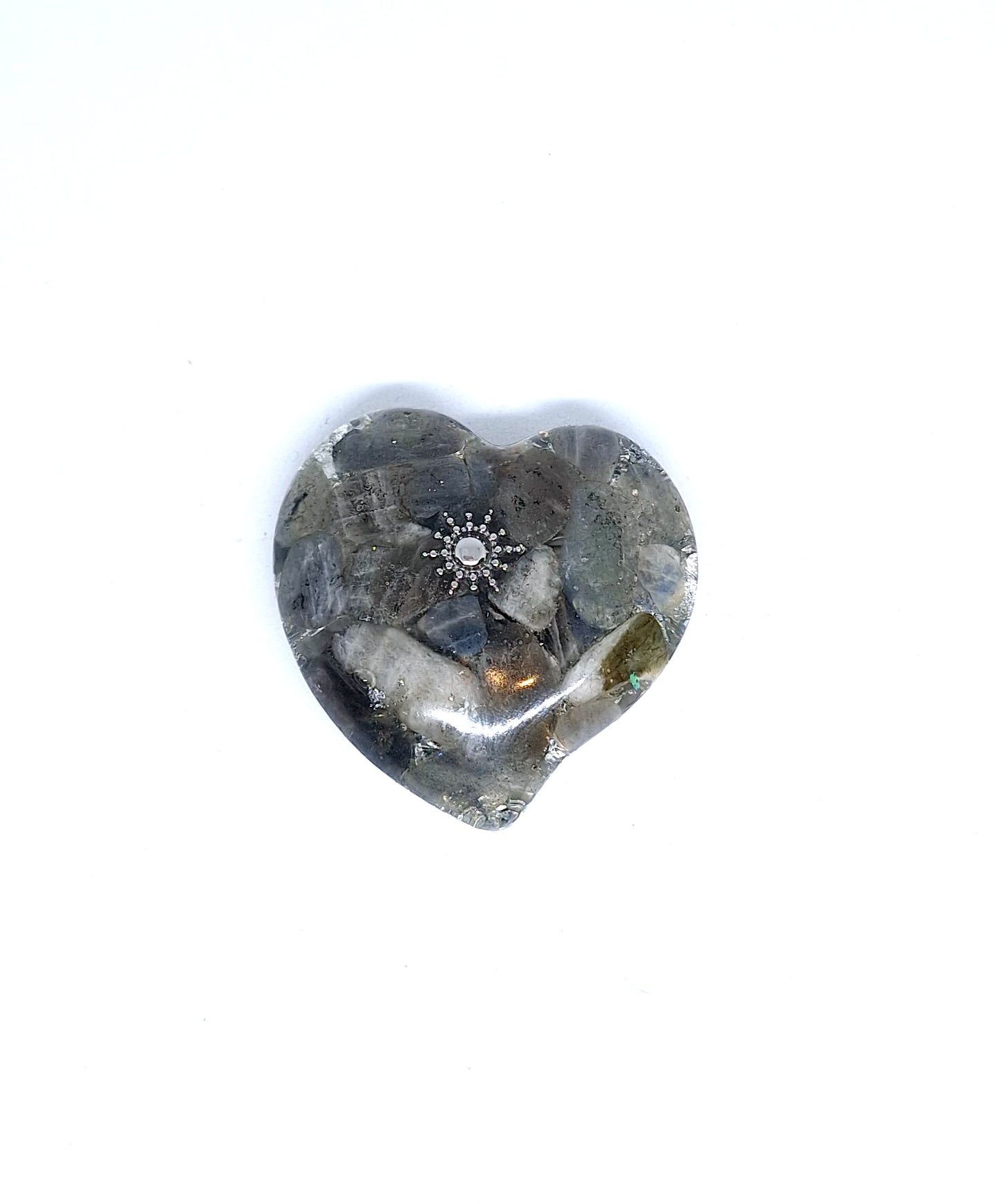 Orgonite Cœur M - Pierre de lune, aluminium, soleil 🩶