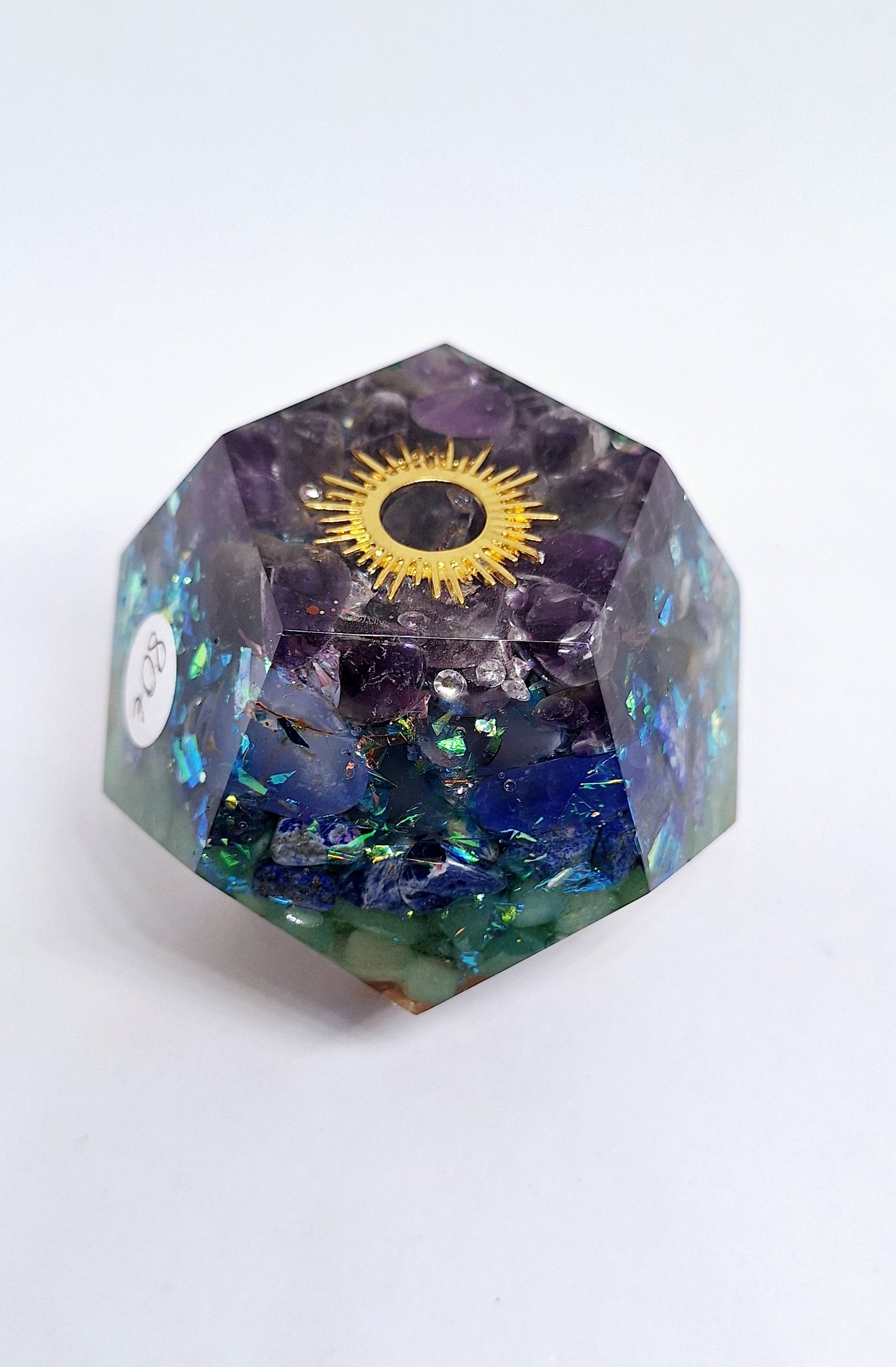 Orgonite Dodécagone de rééquilibrage global et d'harmonisation des chakras XL - Soleil et aluminium doré