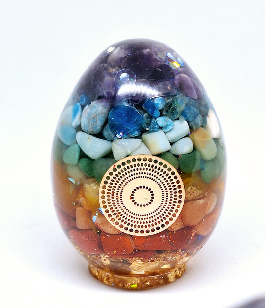 Œuf XL - Orgonite de rééquilibrage global et d'harmonisation des chakras, mandala, or