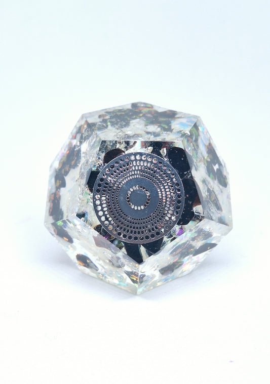 Orgonite dodecaèdre Quartz et obsidienne L