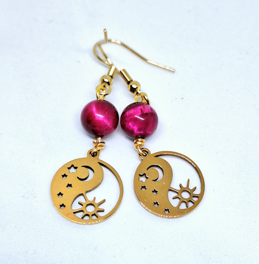 Boucles d'oreilles Yin Yang - Œil de tigre teinté rose