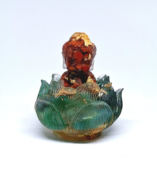 Orgonite Bouddha jaspe rouge dans sa fleur de lotus en agate verte 🪷