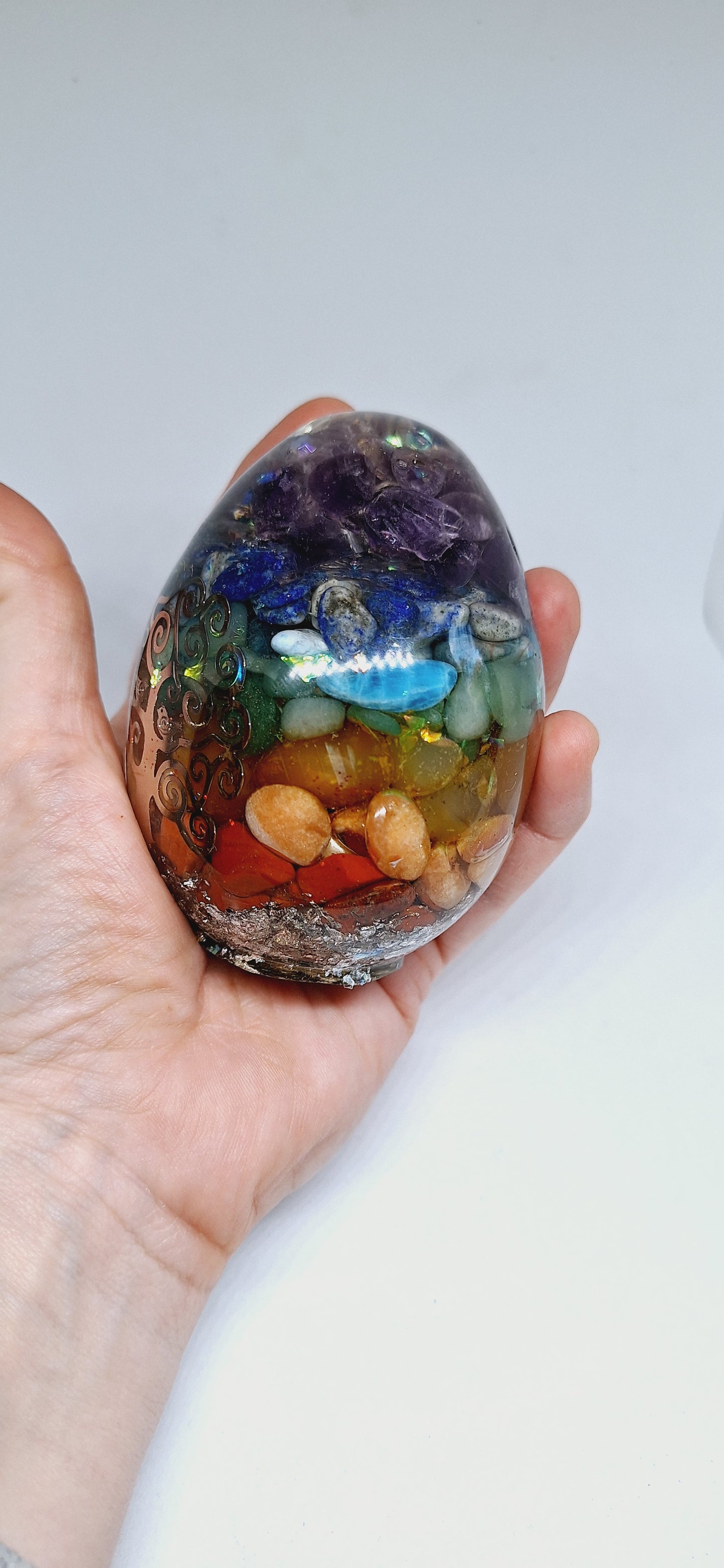 Œuf XL - Orgonite de rééquilibrage global et d'harmonisation des chakras, arbre de vie, aluminium