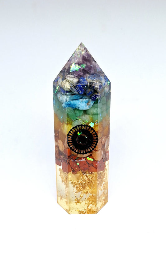 Orgonite de rééquilibrage global obélisque L, mandala, or