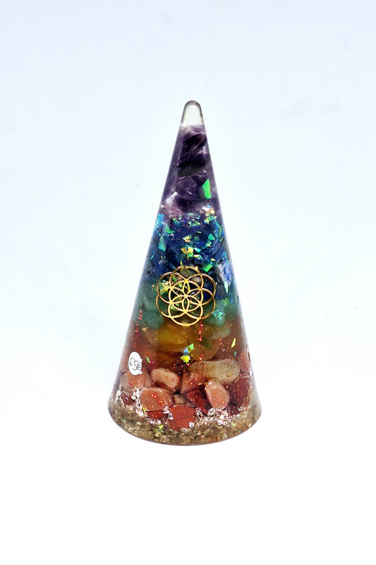 Orgonite de rééquilibrage global et d'harmonisation des chakras - Cône XL, graine de vie, aluminium