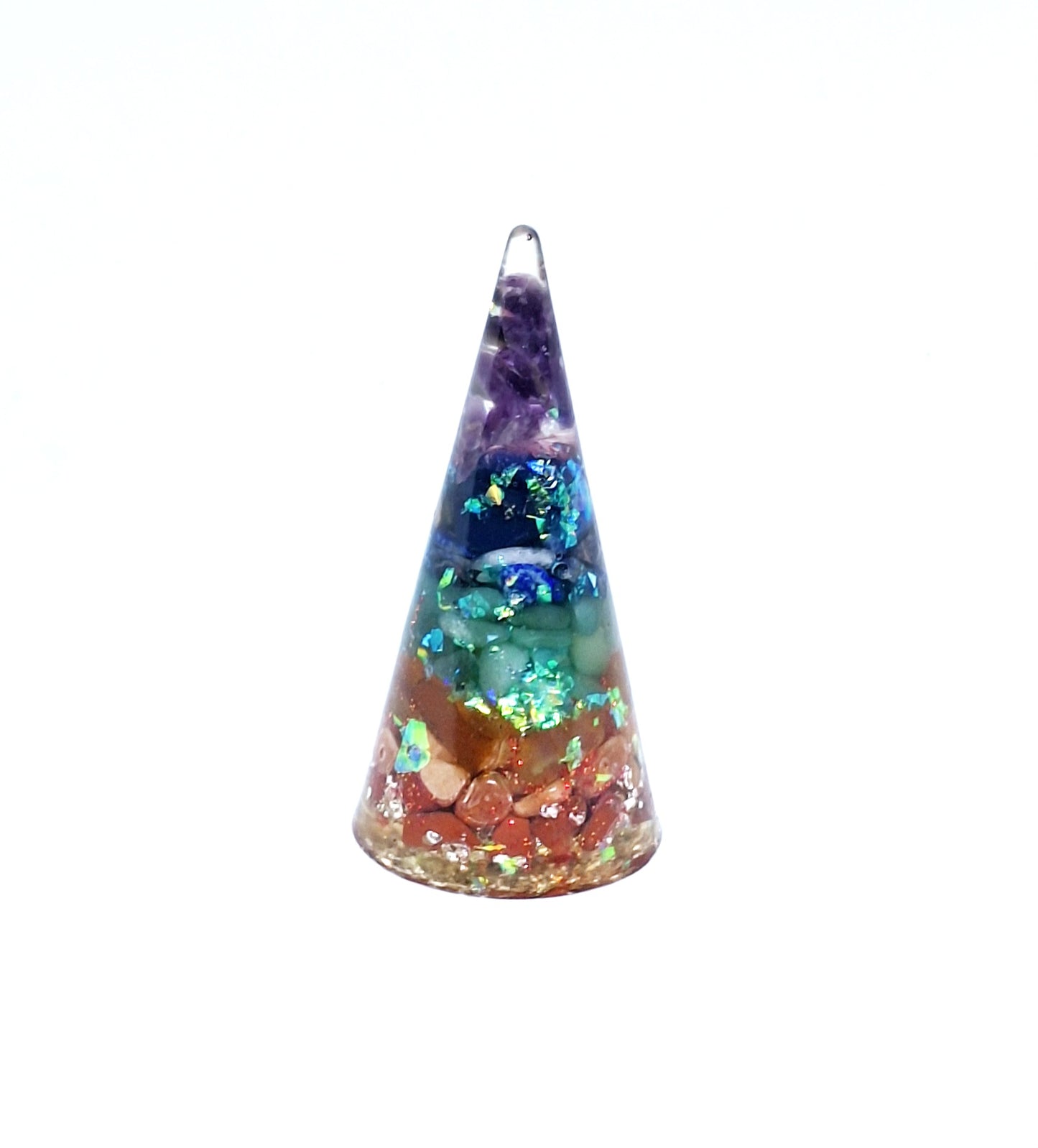 Orgonite de rééquilibrage global et d'harmonisation des chakras - Cône XL, graine de vie, aluminium