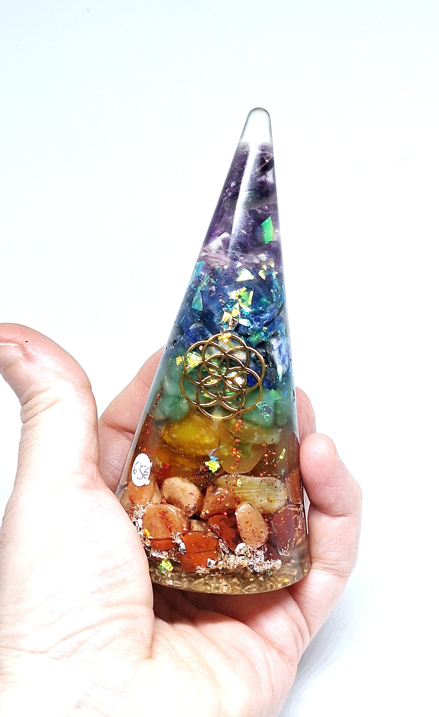 Orgonite de rééquilibrage global et d'harmonisation des chakras - Cône XL, graine de vie, aluminium