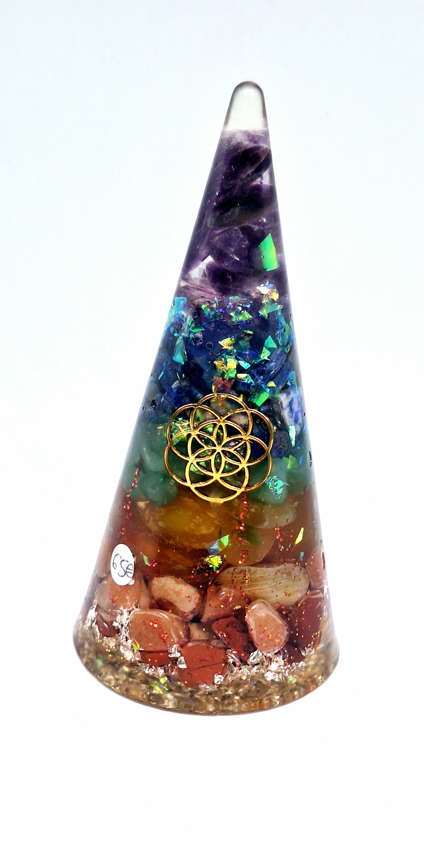 Orgonite de rééquilibrage global et d'harmonisation des chakras - Cône XL, graine de vie, aluminium