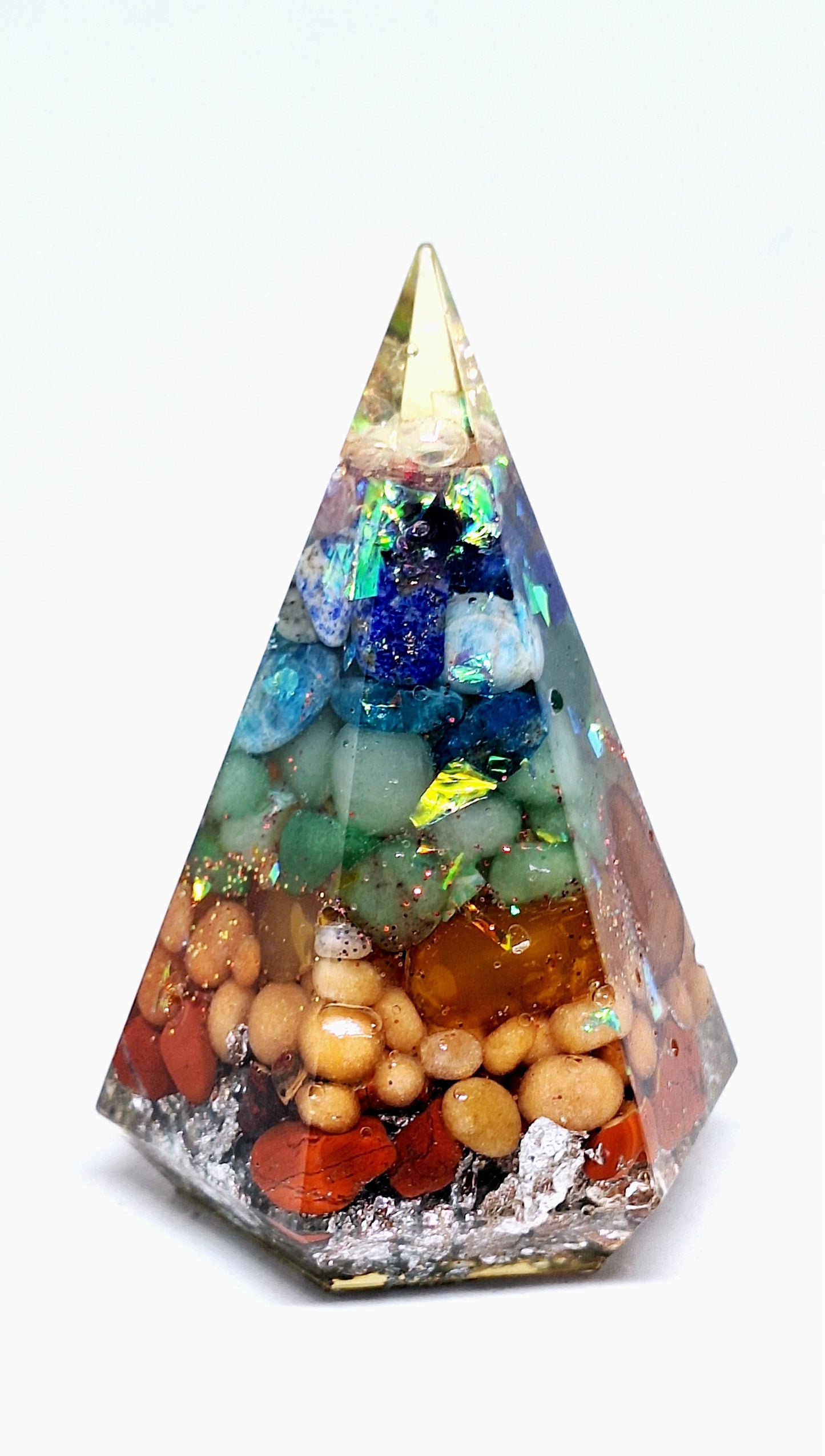 Orgonite de rééquilibrage global et d'harmonisation des chakras - Pyramide pentagonale L, arbre de vie, aluminium