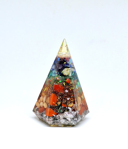 Orgonite de rééquilibrage global et d'harmonisation des chakras - Pyramide pentagonale L, arbre de vie, aluminium