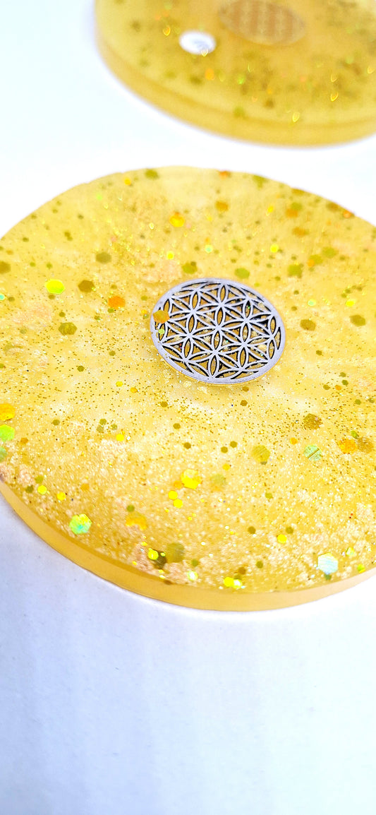 Plaque de rechargement ronde - Fleur de vie - Jaune doré ou argenté