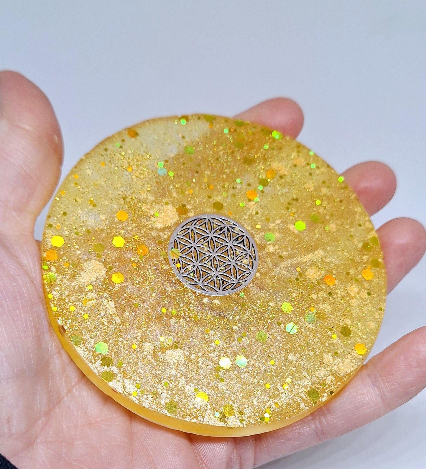 Plaque de rechargement ronde - Fleur de vie - Jaune doré ou argenté