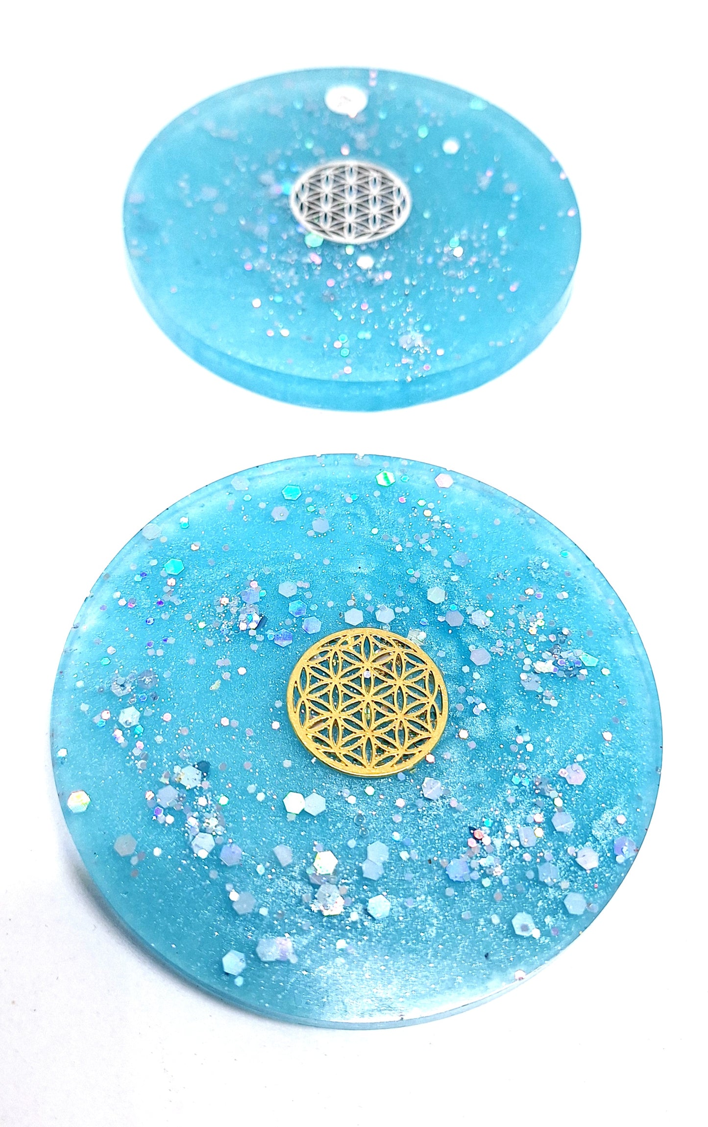 Plaque de rechargement ronde - Fleur de vie - Bleu clair, doré ou argenté
