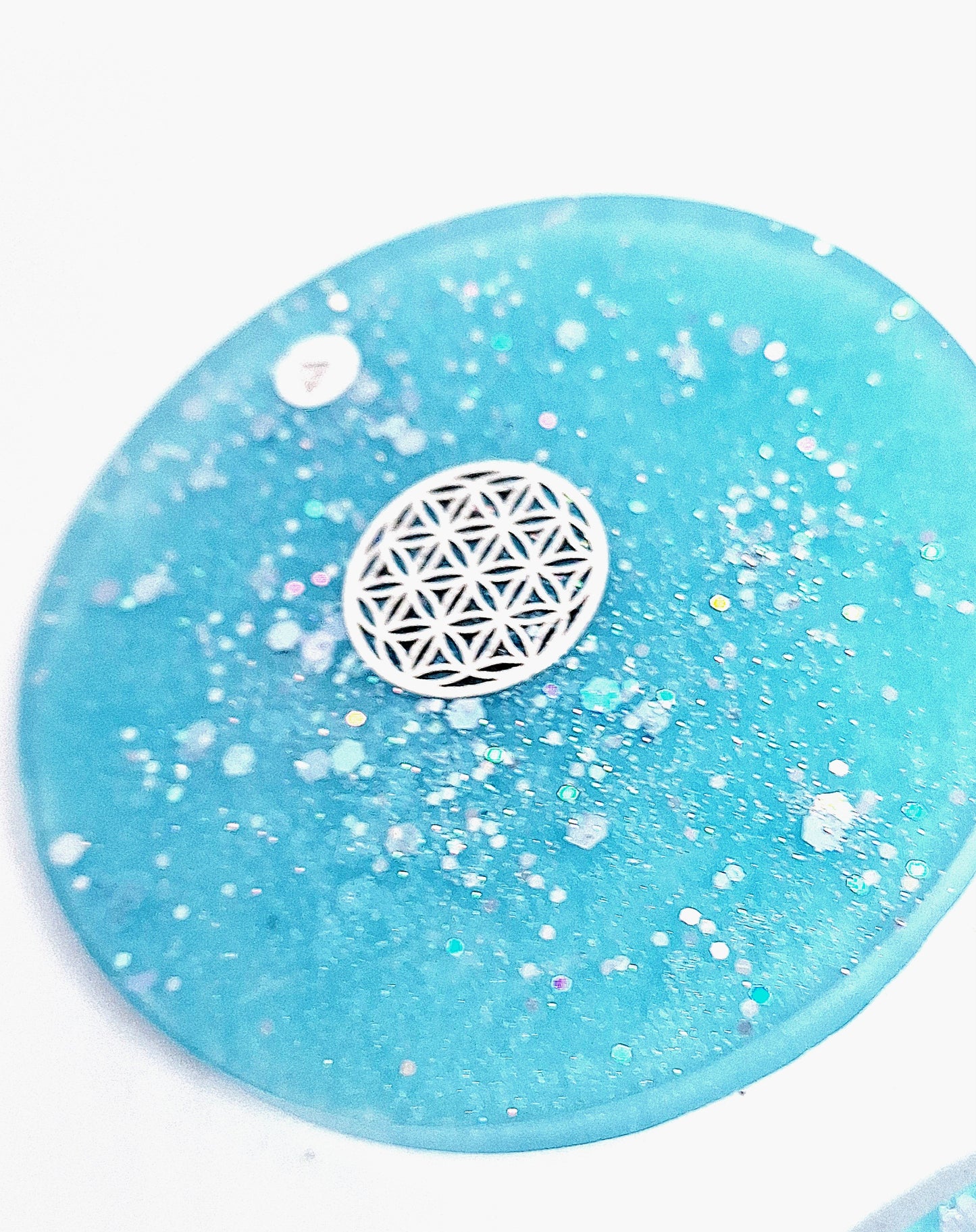 Plaque de rechargement ronde - Fleur de vie - Bleu clair, doré ou argenté