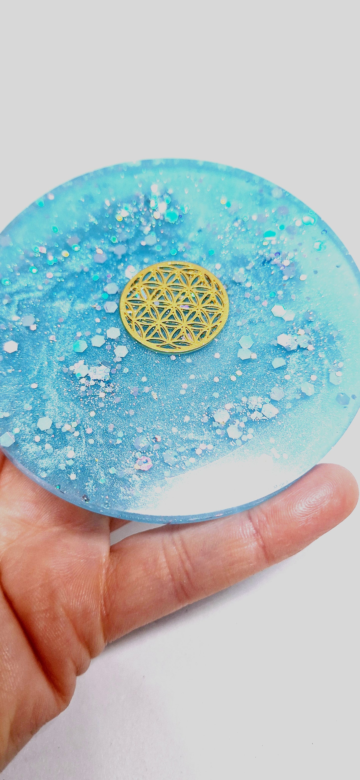 Plaque de rechargement ronde - Fleur de vie - Bleu clair, doré ou argenté