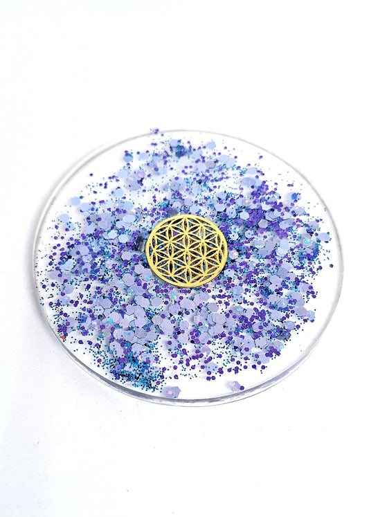 Plaque de rechargement ronde - Fleur de vie - Bleu foncé et doré
