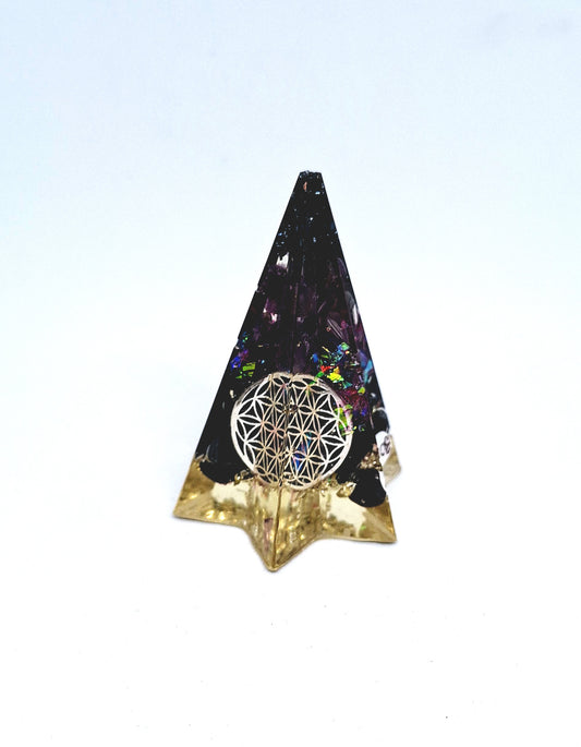Orgonite - Poligone étoilée, fleur de vie, améthyste et obsidienne, aluminium