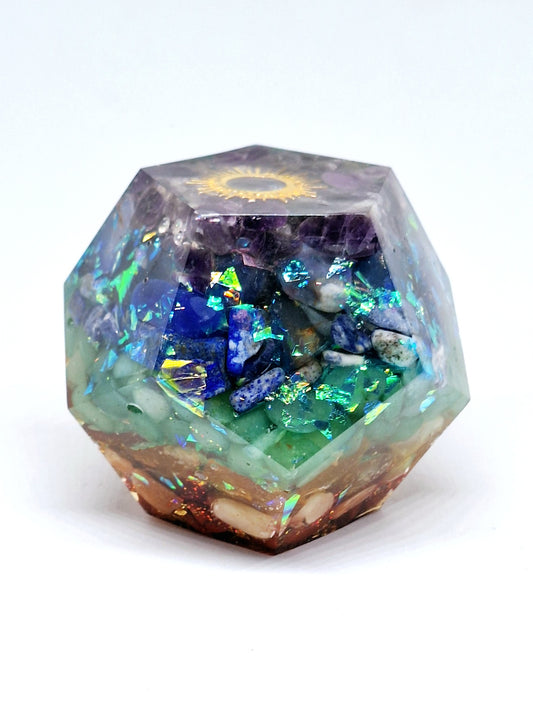 Orgonite Dodécagone de rééquilibrage global et d'harmonisation des chakras XL - Soleil et aluminium doré