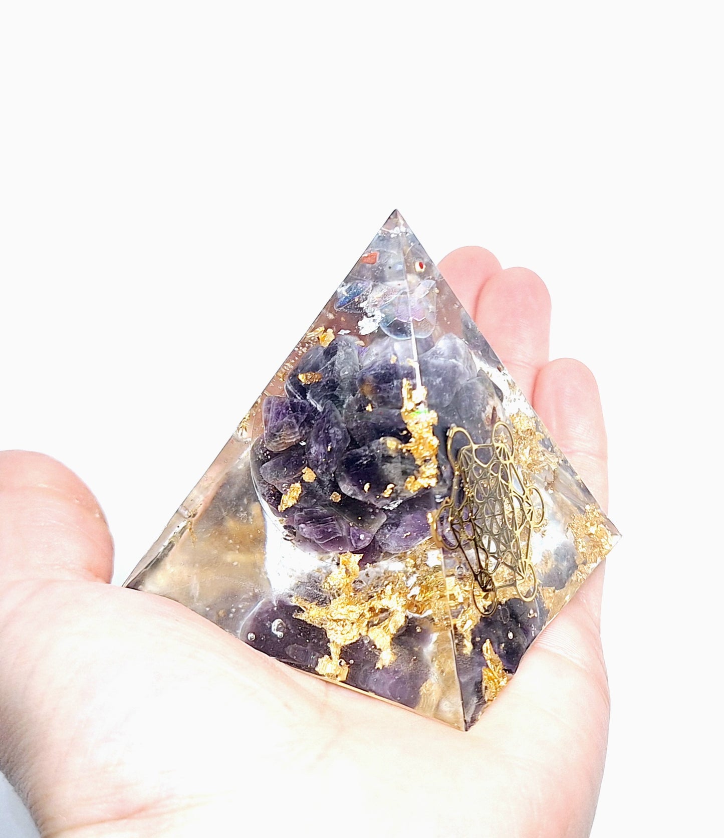 Orgonite pyramide L - Améthyste, or, Métatron 💜