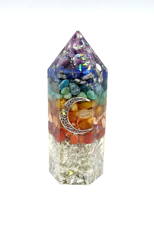 Orgonite de rééquilibrage global et d'harmonisation des chakras - Obélisque XL, lune, aluminium